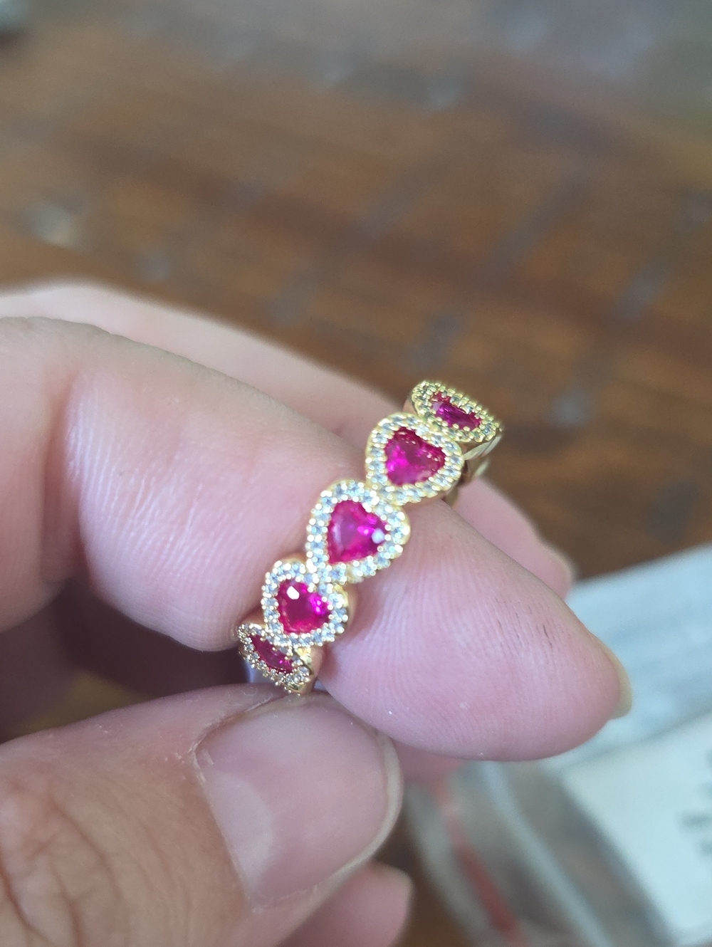 Gold Band Ring with Pink Heart Gemstones
